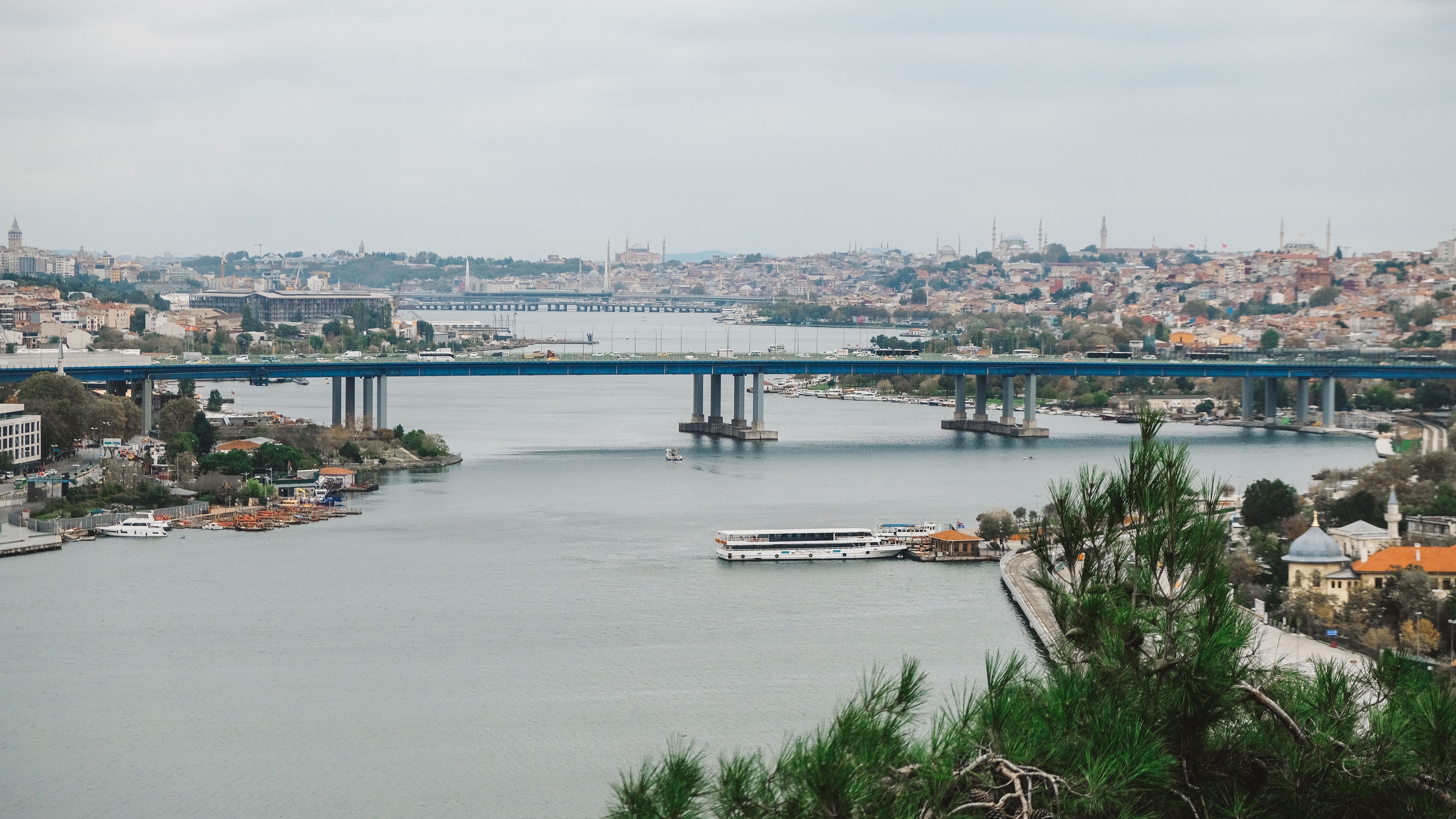 Aerial view of bridges and cityscape over the Bosporus in Istanbul.