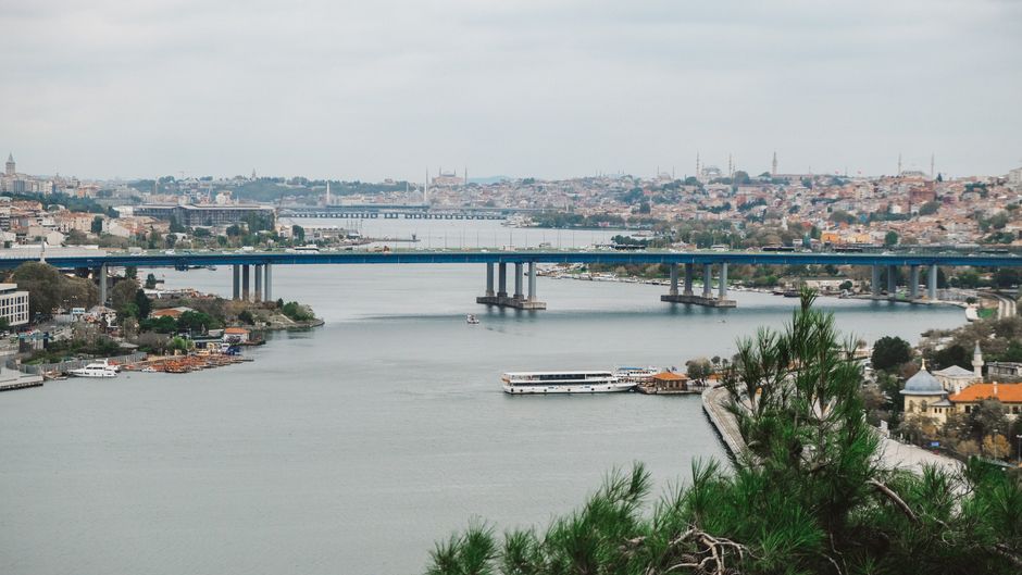 Aerial view of bridges and cityscape over the Bosporus in Istanbul.