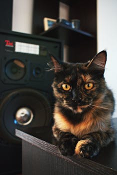 一只龟甲猫的特写镜头，正专注地坐在室内的扬声器旁