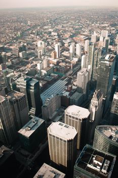 Elevated view of Chicago's urban skyline showcasing modern skyscrapers and sprawling cityscape.