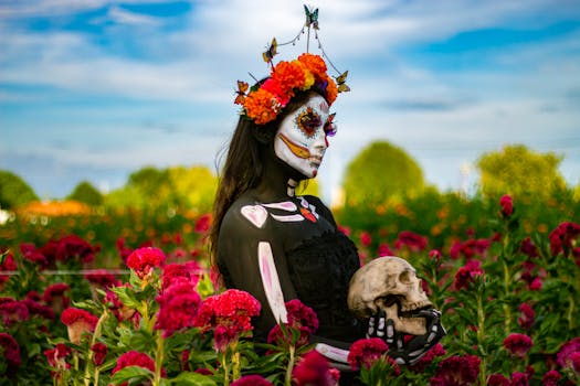 A woman with Day of the Dead makeup poses with a skull in a vibrant flower field.