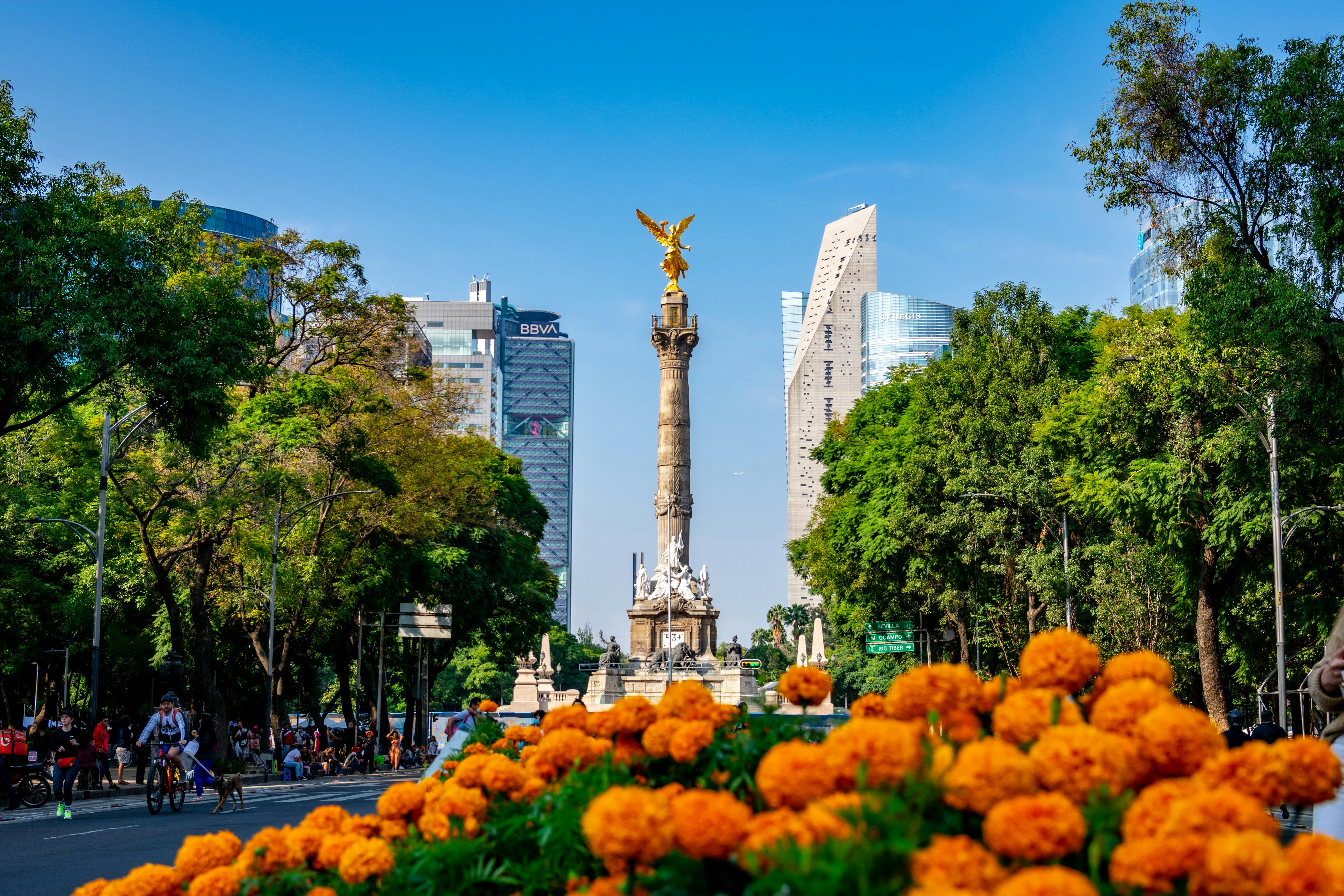 Paseo De La Reforma Mexico City Street With Monuments Skyscrapers And Trees