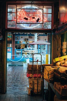 Warm interior view of Pike Place Market with neon signs and stacked produce boxes.