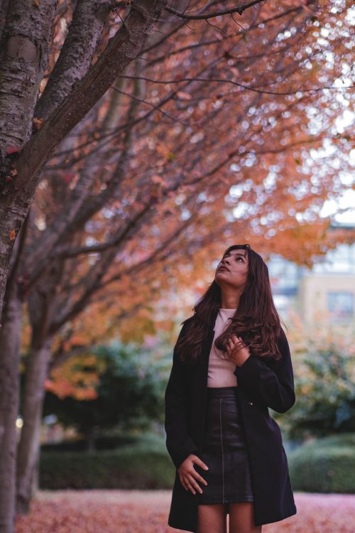 Free Woman in a stylish outfit looks up among colorful autumn trees in Vancouver, BC. Stock Photo