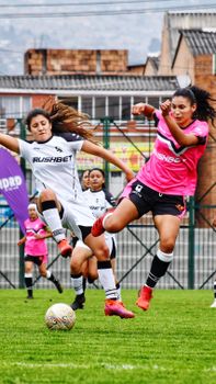 Intense action of women playing soccer on a green field.