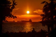 温哥华不列颠哥伦比亚省的海面上，日落令人惊叹，船只和棕榈树映出剪影