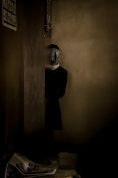 A masked figure in a dark room creates an eerie atmosphere.