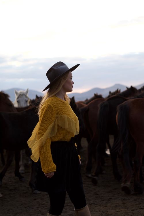 Free Portrait of a woman wearing a hat and yellow sweater standing among horses in a rural setting. Stock Photo