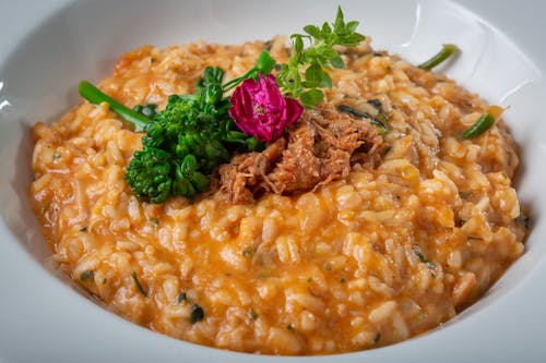 Risotto with Tomato Sauce in White Ceramic Bowl