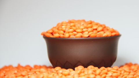 A focused image of a bowl filled with vibrant red lentils against a plain background.