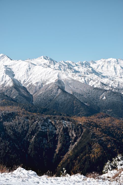 Free Breathtaking view of snowcapped mountains and a forested valley during winter, featuring dramatic terrain. Stock Photo