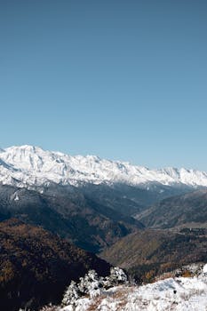 Scenic view of snowcapped mountains and colorful valleys under clear skies, perfect for wallpaper.