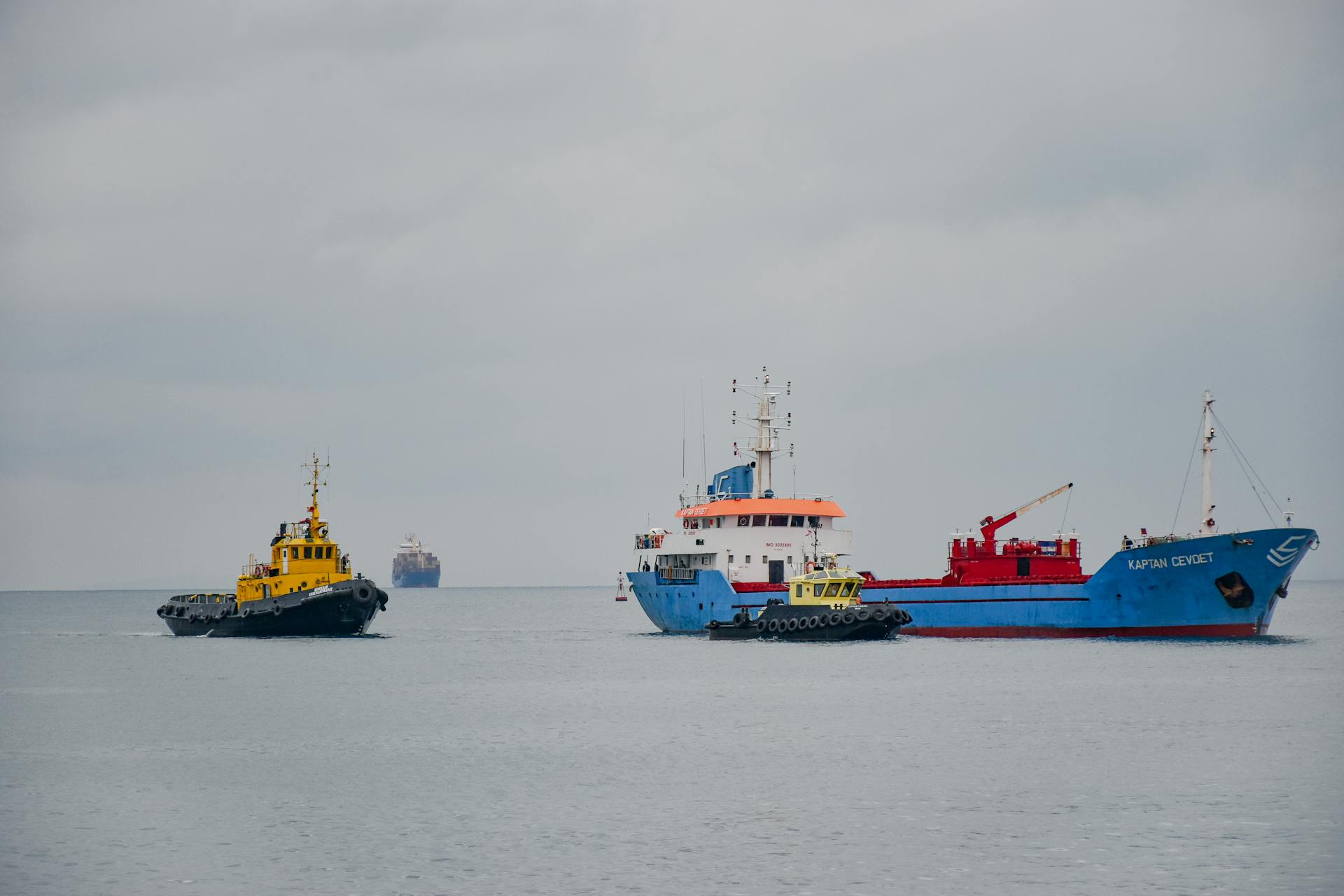 Tugboats assist a colorful cargo ship on a calm ocean under a cloudy sky.