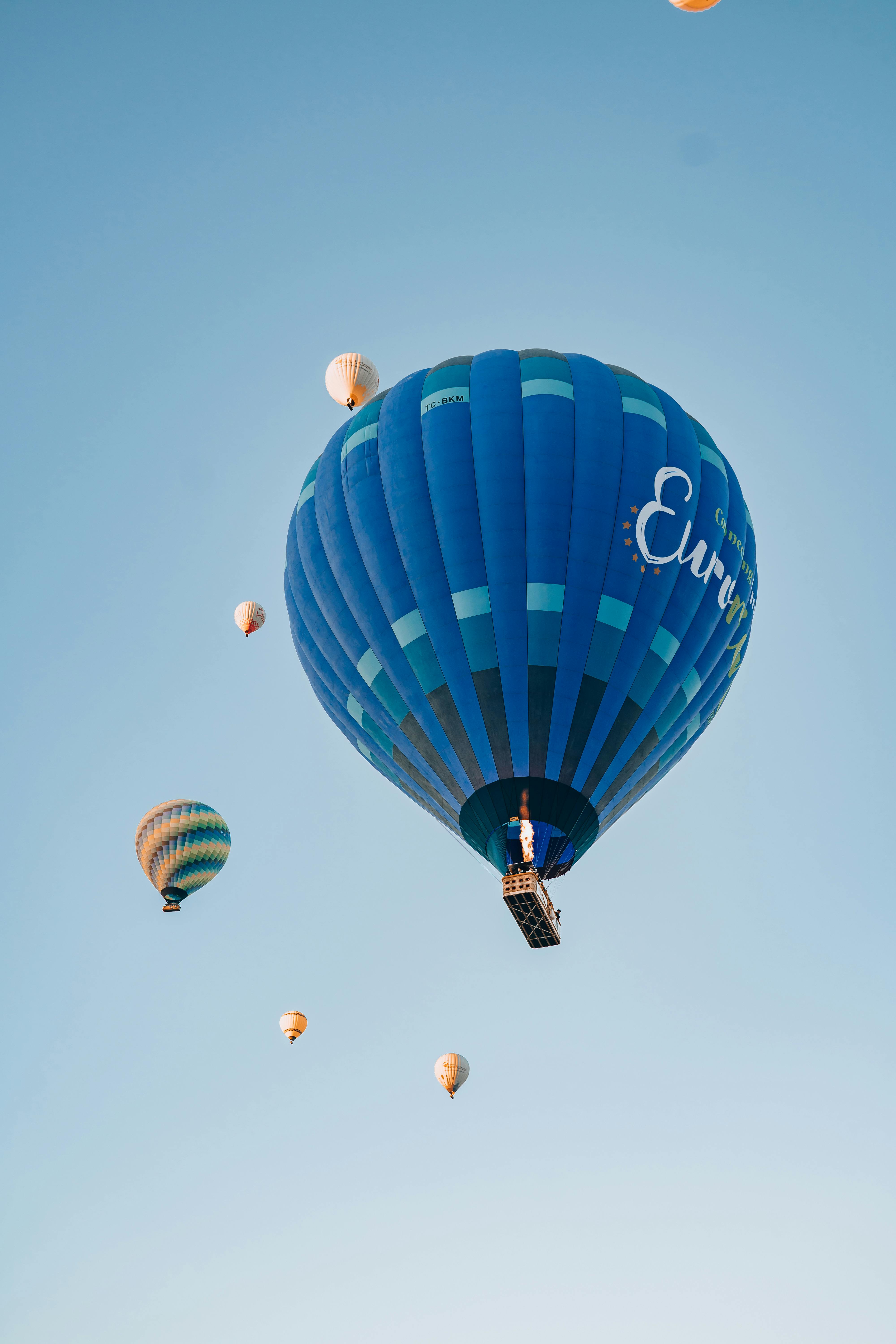 Vibrant hot air balloons floating over Nevşehir, Turkey, with clear blue skies.