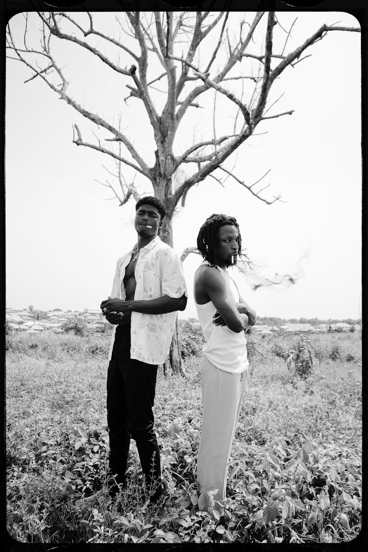 Men Posing Near Naked Tree In Field