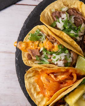 Close-up of colorful Mexican tacos with vibrant toppings on a rustic slate plate.