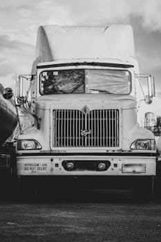 Artistic monochrome image of a parked cargo truck, showcasing the vehicle's front view with dramatic tones.