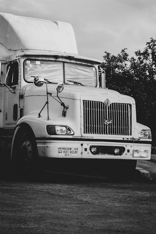 Grayscale Photo of a Cargo Truck