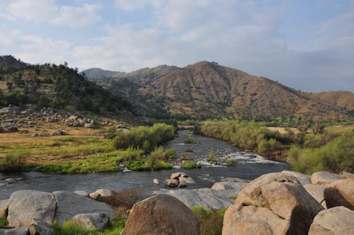 A River Between Green Grass Field Near the Mountain