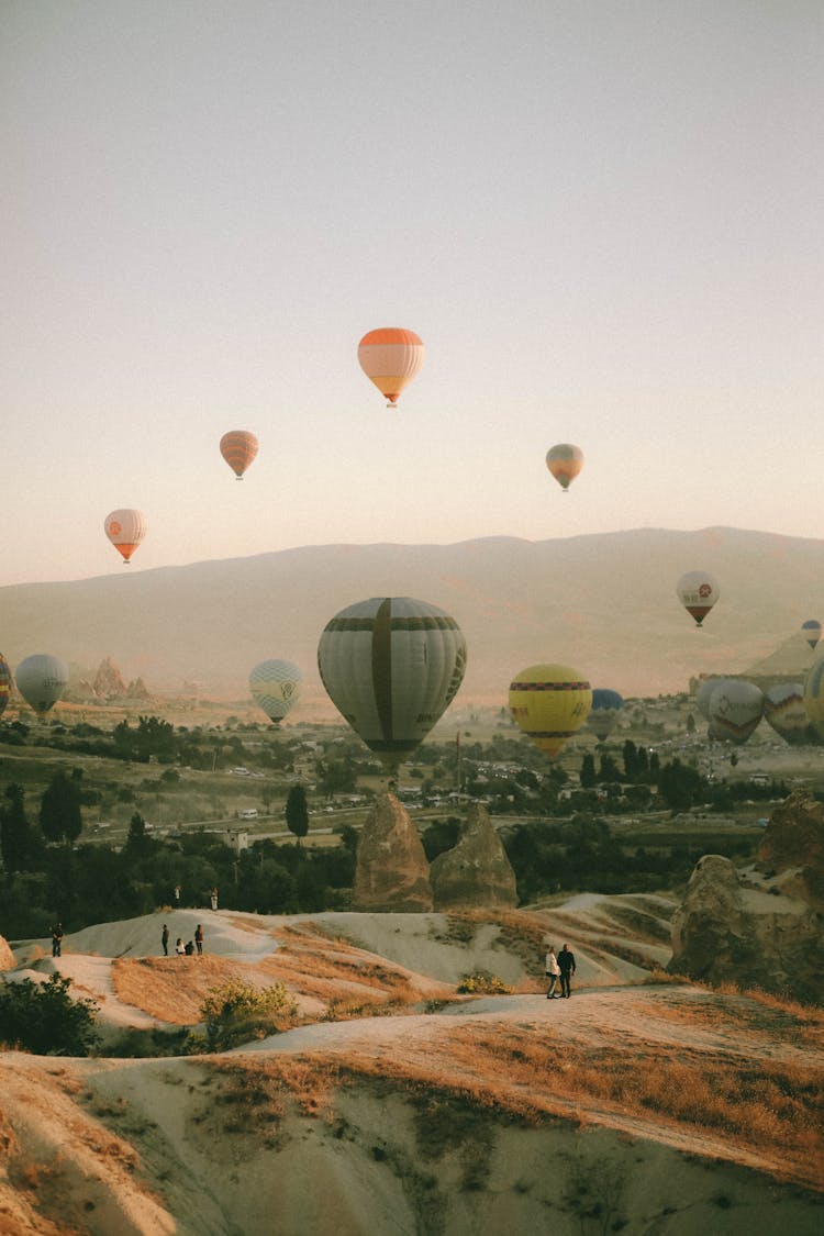 Hot Air Balloons Flying In Mountain Landscape