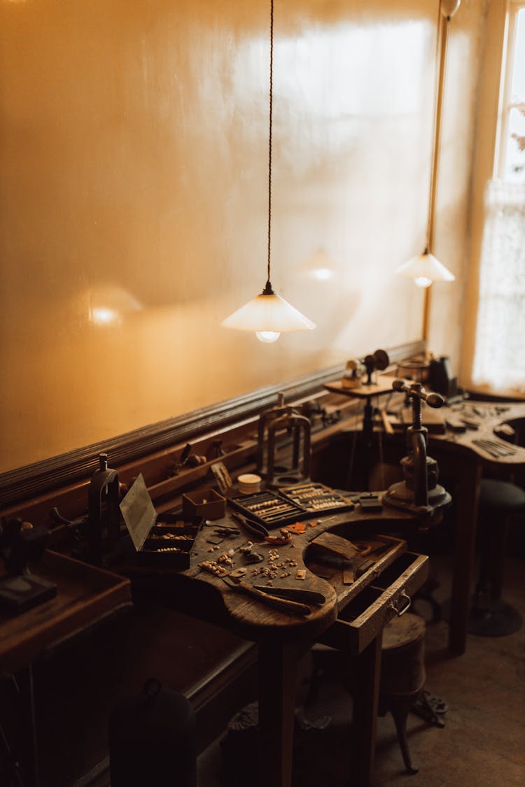 Antique Tools And Tables In A Workshop 