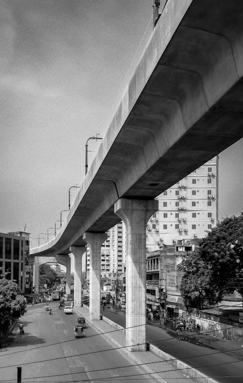 Black and White Photo of a Concrete Bridge