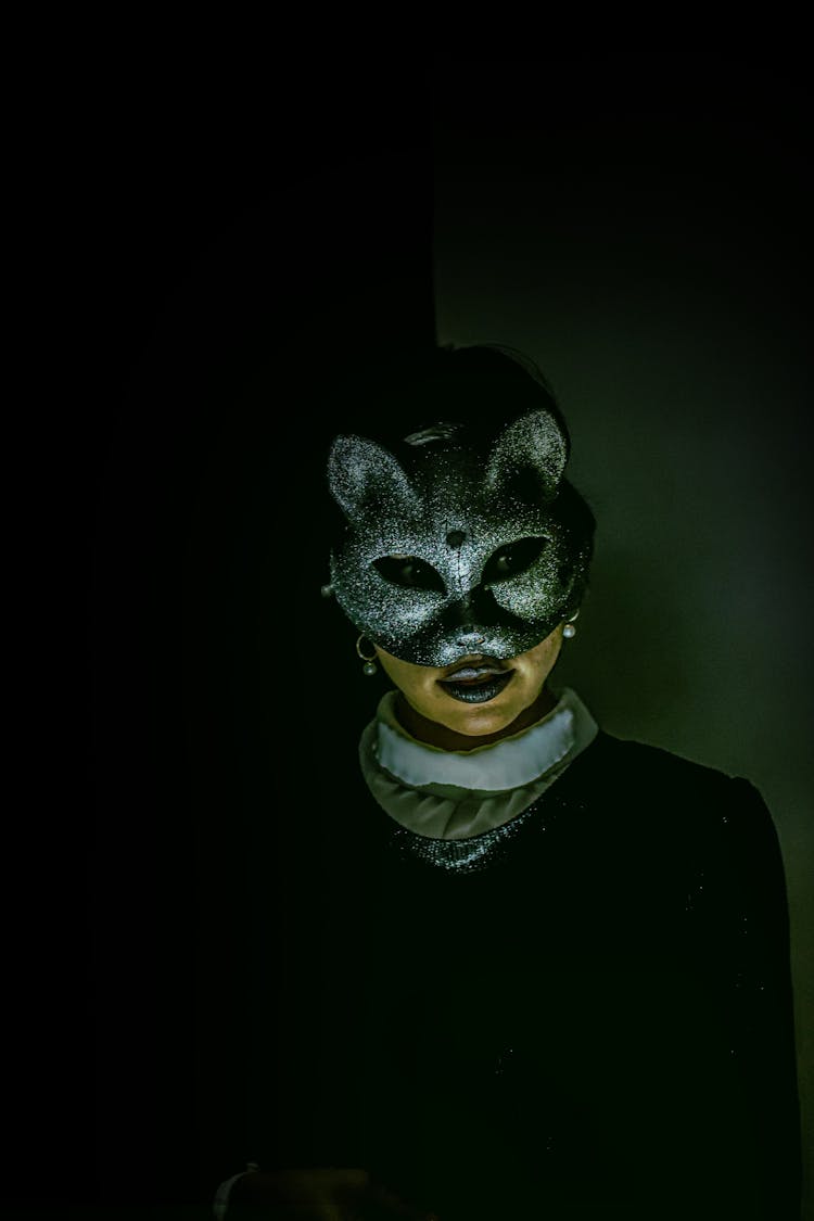 Woman In A Mask Inside A Dark Room