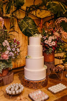 Elegant white wedding cake surrounded by colorful flowers and desserts in a lavish setup.