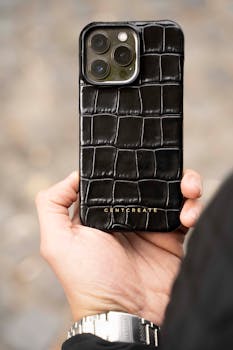 Close-up of a hand holding a luxurious black leather smartphone case.