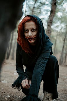 A mysterious woman with red hair and eerie makeup crouches in a forest setting.