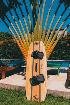 A wakeboard resting against a tropical plant by a luxurious poolside, perfect for a summer getaway.