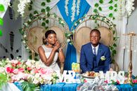 Bride and groom at an elegant wedding reception in Likasi, DR Congo.