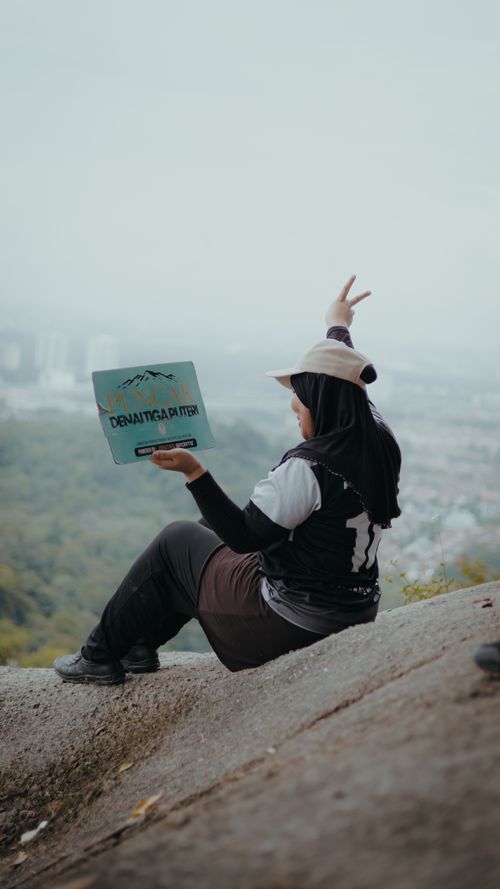 Free Back view of a woman sitting on a rock, holding a sign with a scenic city view. Stock Photo