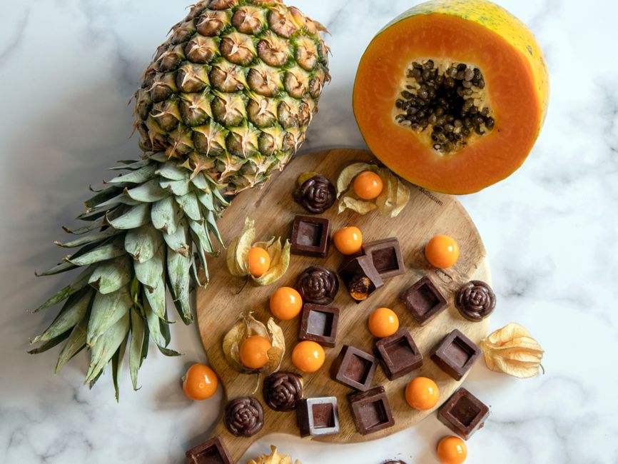 Wellness CORE vs Taste of the Wild: High Protein Dog Food Face-Off A vibrant arrangement of pineapple, papaya, and assorted chocolates on a wooden board and marble surface.