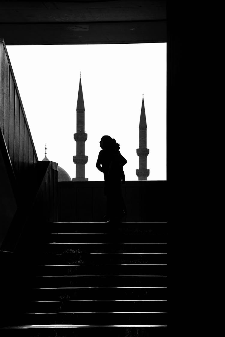 Silhouette Of A Person Walking Up The Stairs