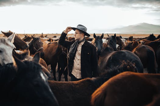Man in cowboy hat among a herd of horses in an open field at sunset, creating a rustic and atmospheric scene.