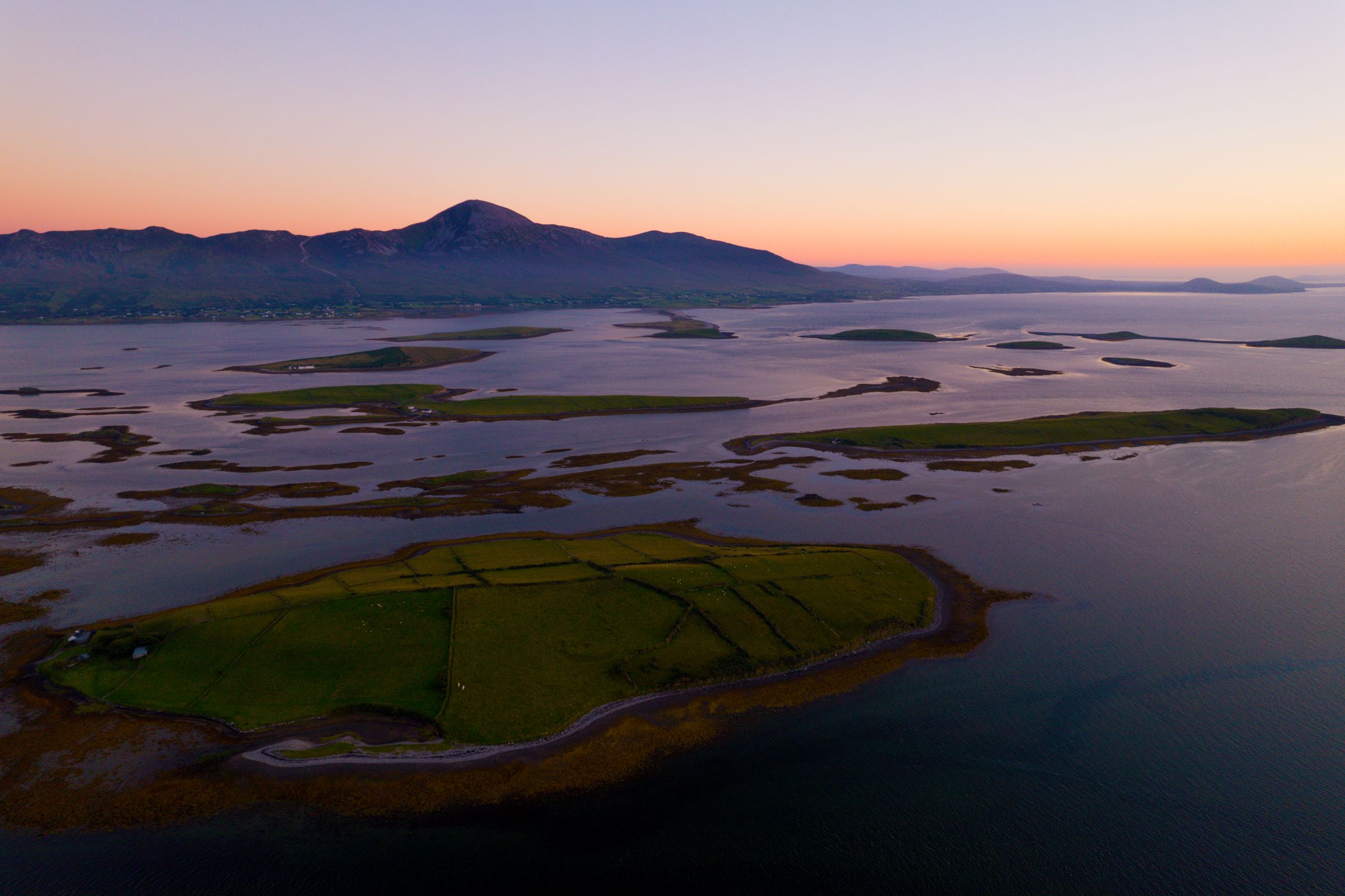 The islands of Clew Bay at sunset, County Mayo