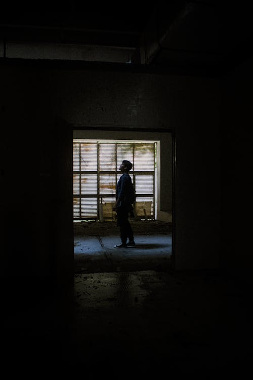 Silhouette of a Man Standing in a Dark Interior against a Window