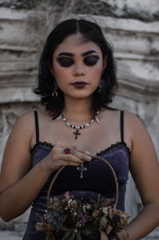 A young woman in a dark dress with gothic makeup holds a basket, evoking a Halloween theme.