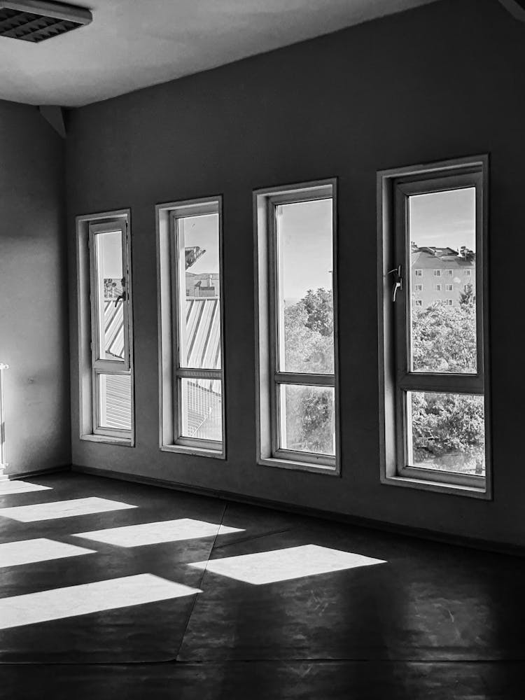 House Interior With Tall Glass Windows