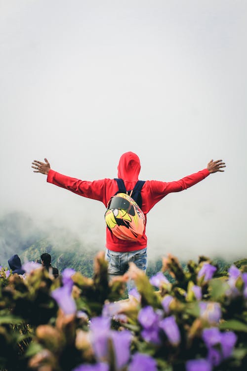 Man in Red Hoodie Standing on Mountain Top