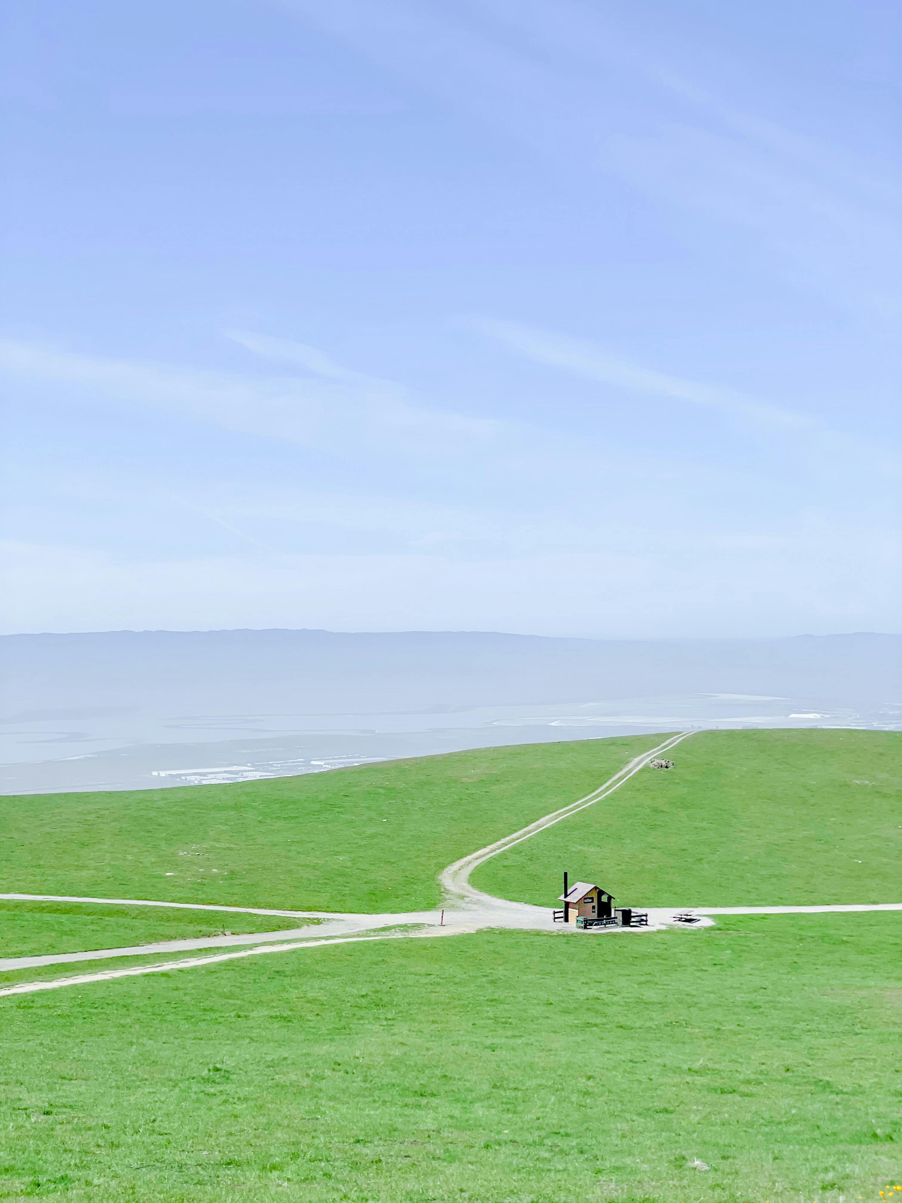 宁静的绿色景观延伸到海洋，在加利福尼亚州设有一个偏远的房子