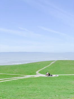 Tranquil landscape of green fields extending to the ocean, featuring a remote house in California.