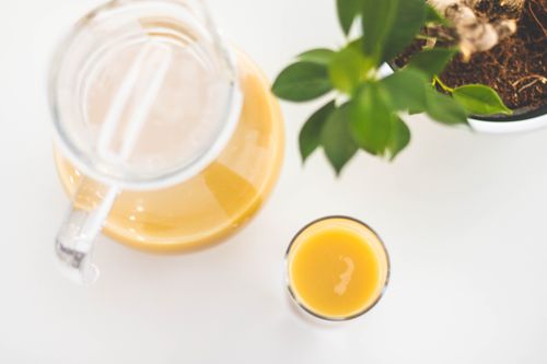 Free Glass and pitcher of apple juice beside a green plant in a bright setting. Stock Photo