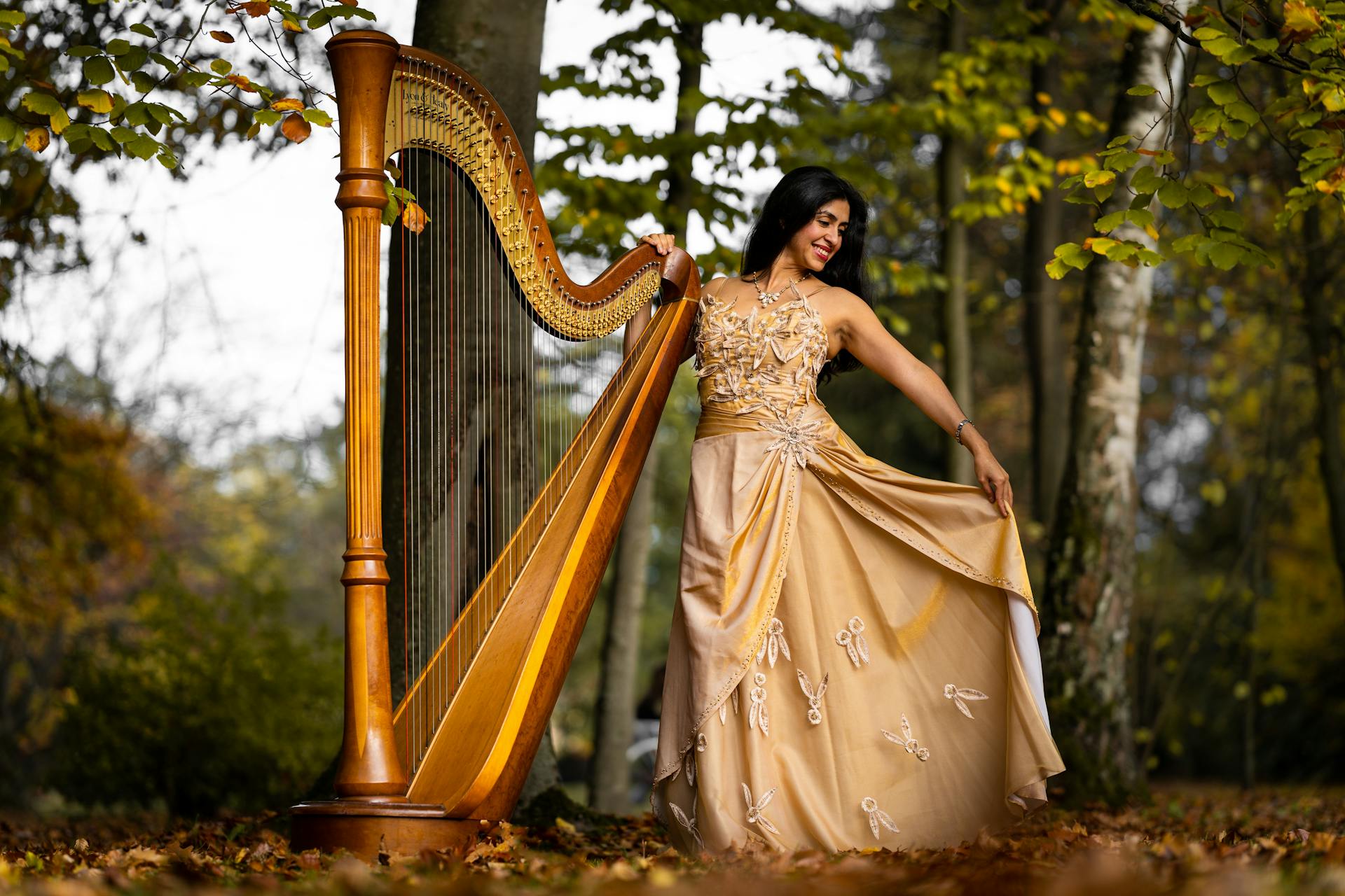 Woman in elegant dress poses with harp in a serene autumn forest in Bayreuth, Germany.