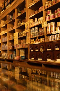 Classic vintage store shelves displaying canned goods and products, reflecting nostalgic shopping ambiance.