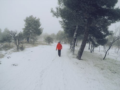 A Man Walking on Snow Covered Field