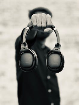 Black and white image of a man's hand holding headphones in a focused shot.