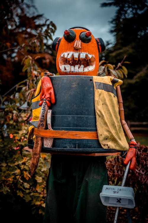 Original Scarecrow Made out of a Pumpkin and a Plastic Bucket