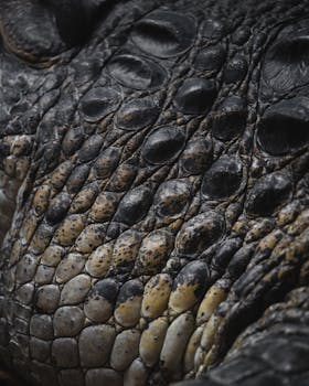 Detailed close-up photo of crocodile skin showcasing its rough texture and unique scales.